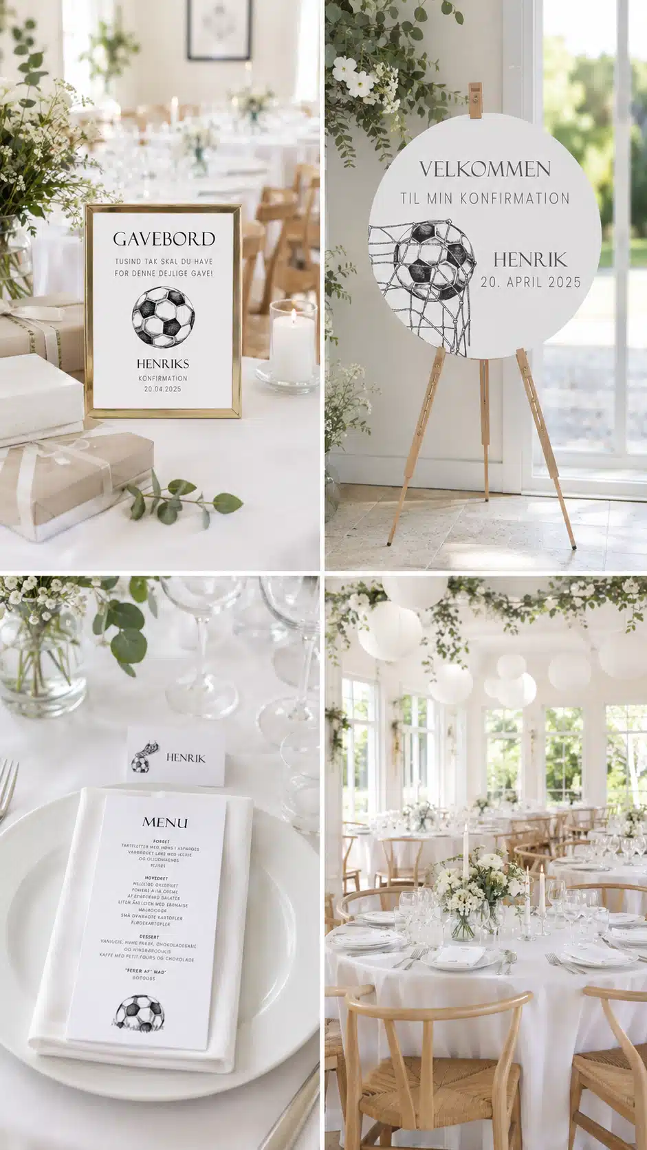 Soccer Goal designunivers med fodboldmotiv, gavebordsskilt, rundt velkomstskilt, menukort og lys borddækning