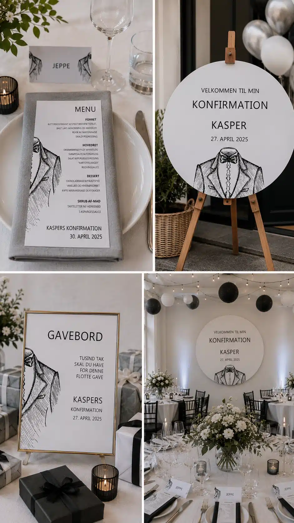 Tuxido designunivers med smokingillustration, menukort, velkomstskilt, gavebordsskilt og sort-hvid borddækning