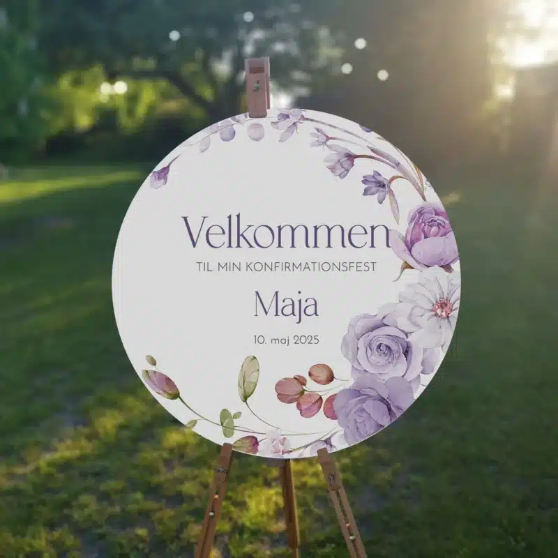 Velkomstskilt i bombastisk, blomstret design i lilla, lavendel og lyserød nuancer
