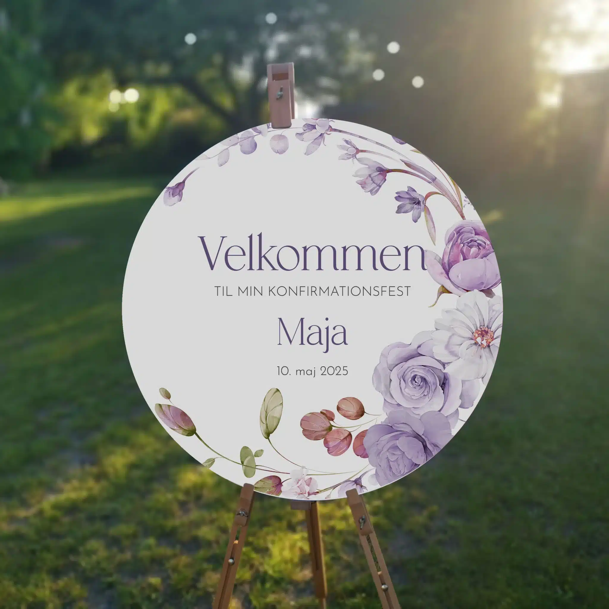 Velkomstskilt i bombastisk, blomstret design i lilla, lavendel og lyserød nuancer