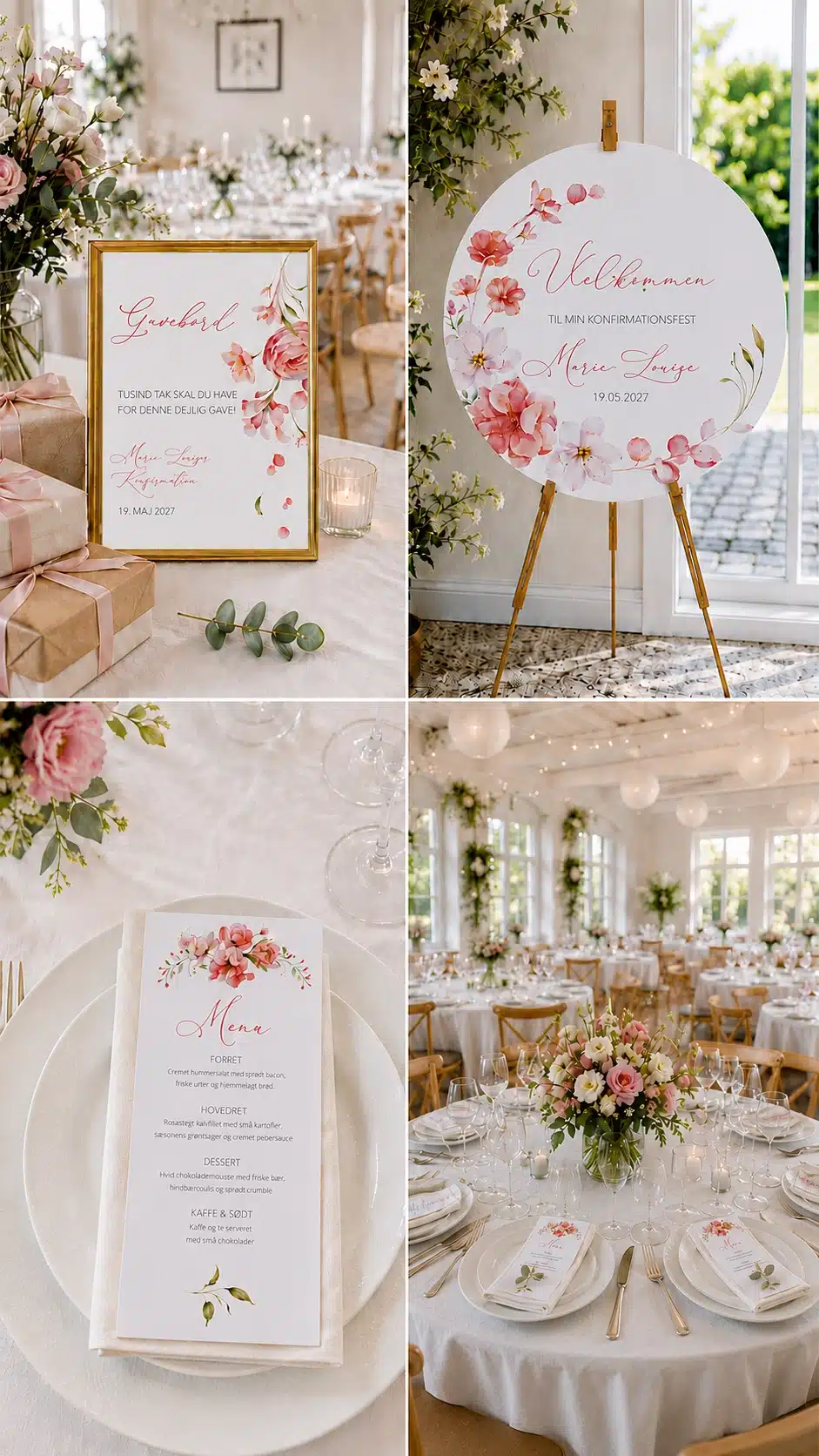 Whimsical Flowers designunivers med rosa akvarelblomster, skilte, tryksager og lys borddækning