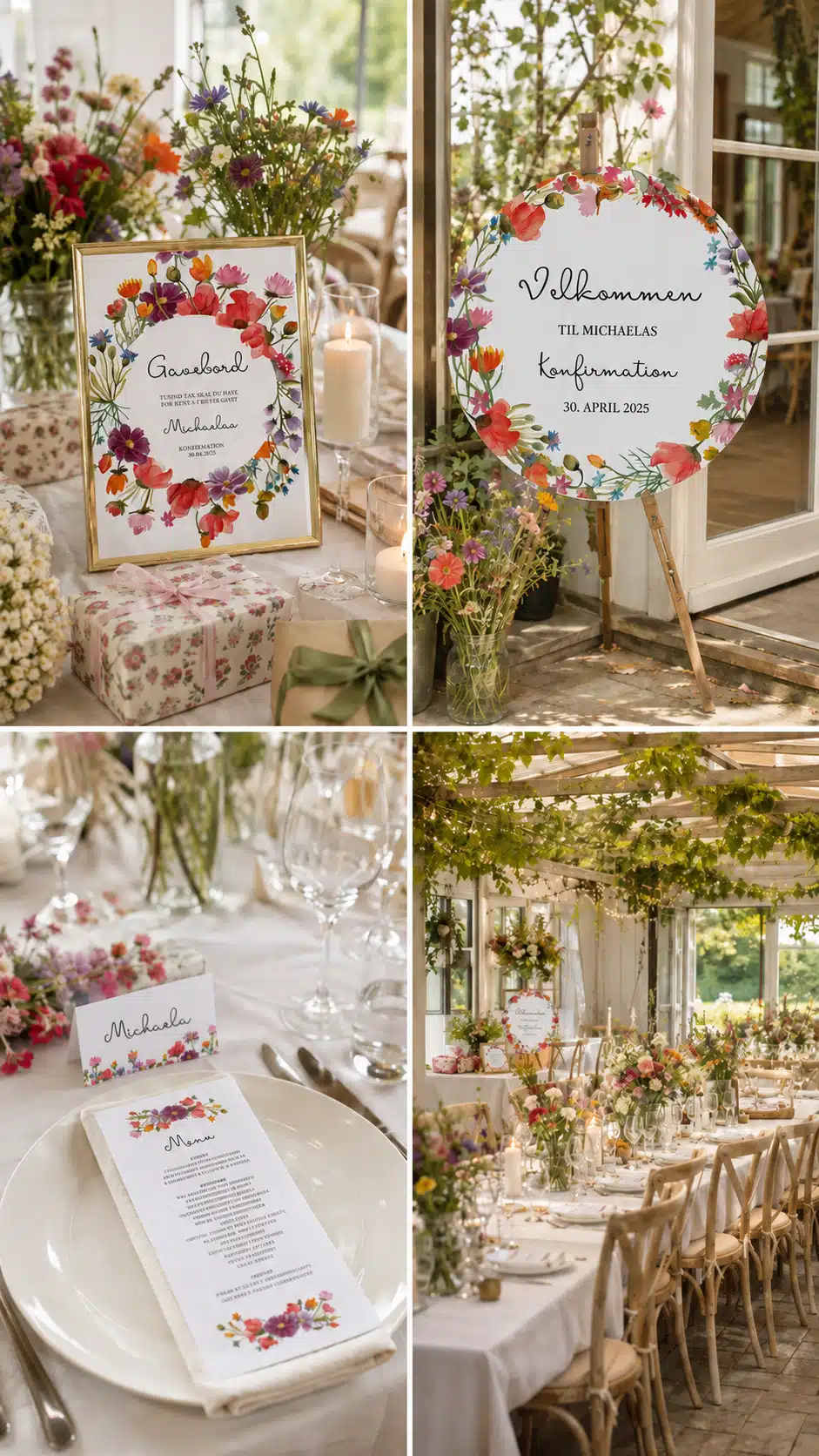 Wild Flowers designunivers med farverige markblomster, gavebordsskilt, rundt velkomstskilt, menukort og sommerlig borddækning