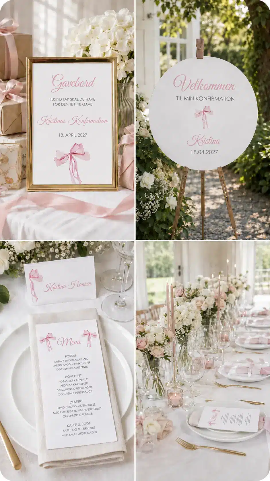 Red Velvet Bow designunivers med rosa sløjfer, gavebordsskilt, rundt velkomstskilt, menukort, bordkort og lys borddækning