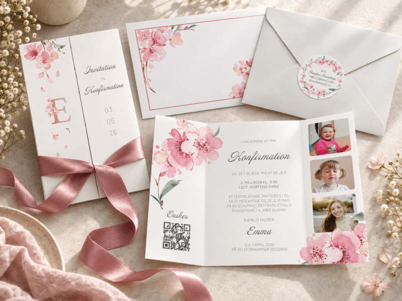 Cherry Charm konfirmationinvitation - Portefals med rosa bånd