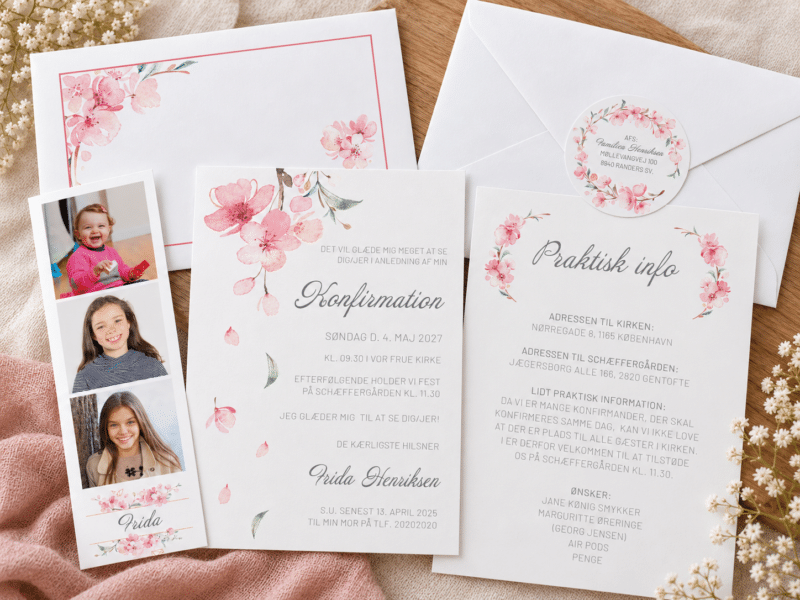 Cherry Charm konfirmationinvitation med fotostribe og praktisk info, A5-A6