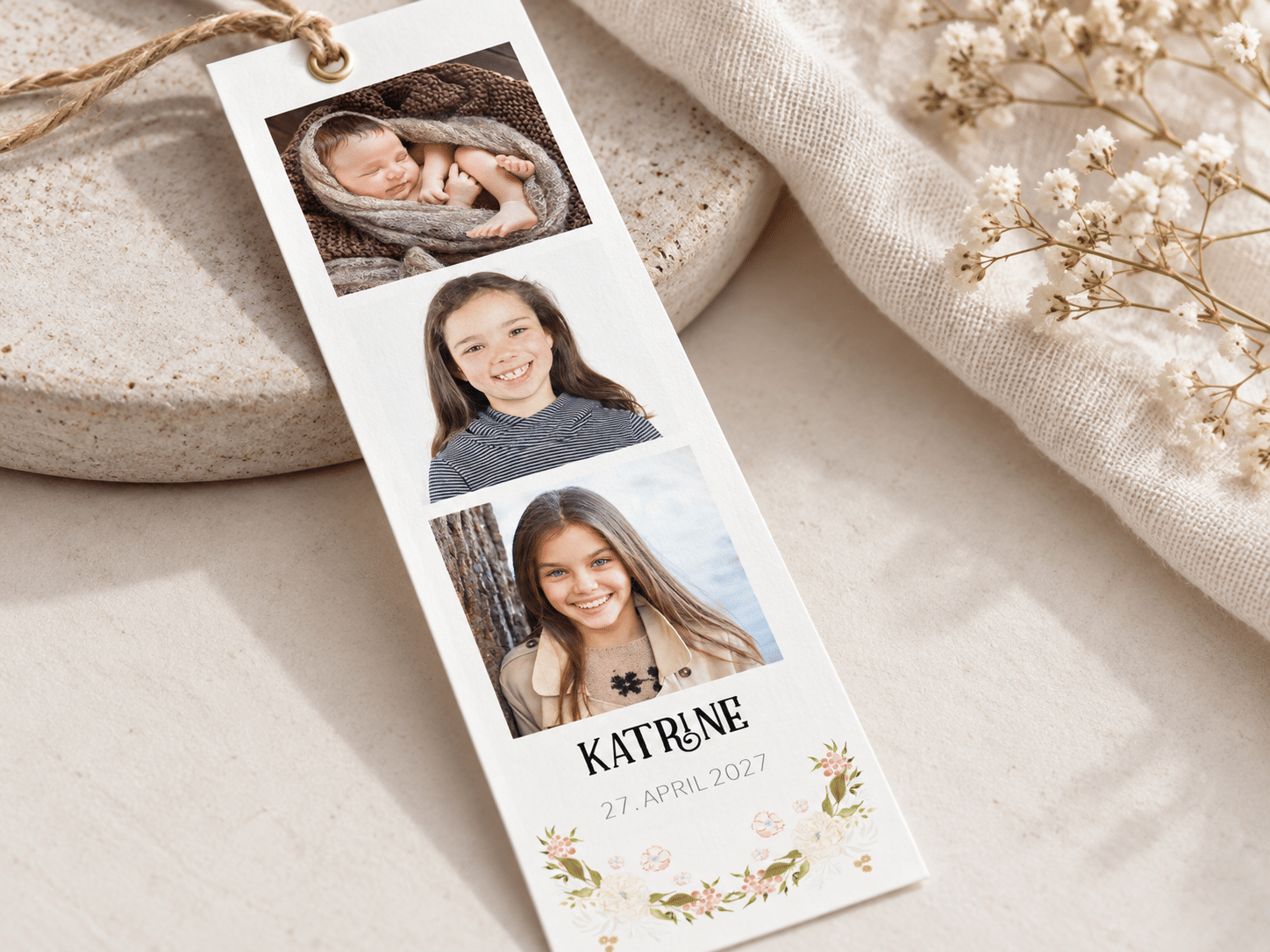Flower Frame konfirmationsinvitation fotostribe med brun snor - A5-A6
