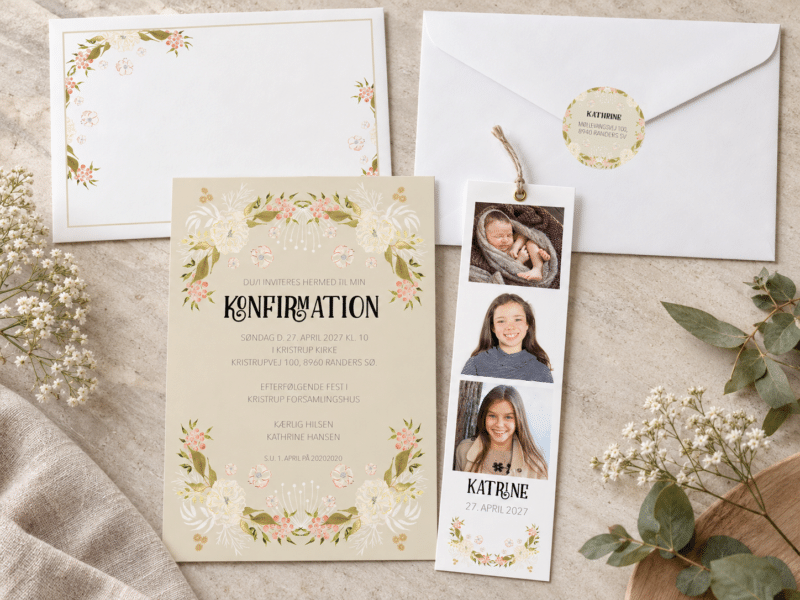 Flower Frame konfirmationsinvitation komplet sæt med fotostribe og kuvert - A5-A6