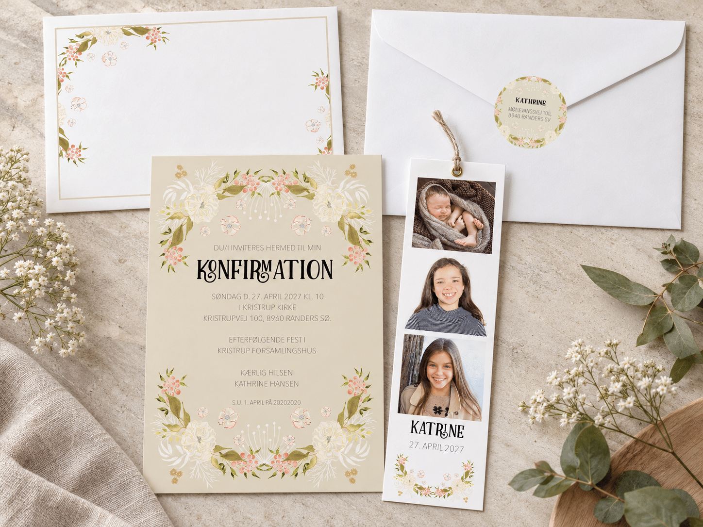 Flower Frame konfirmationsinvitation komplet sæt med fotostribe og kuvert - A5-A6