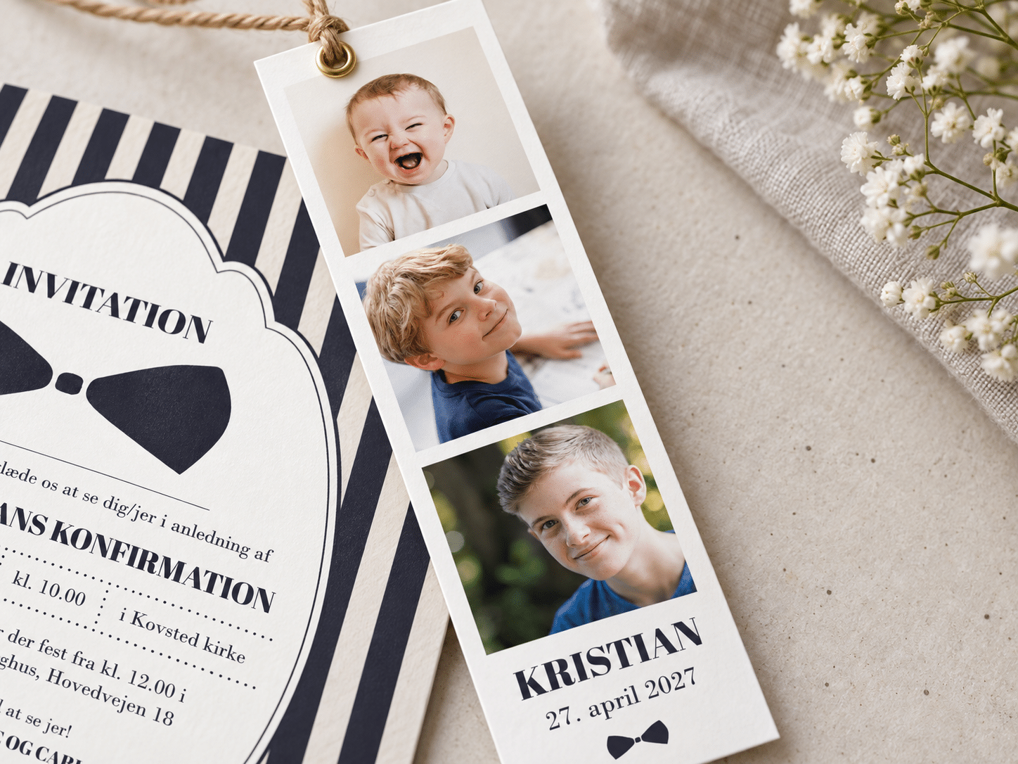 Gentleman konfirmationsinvitation fotostribe med brun snor - A5-A6