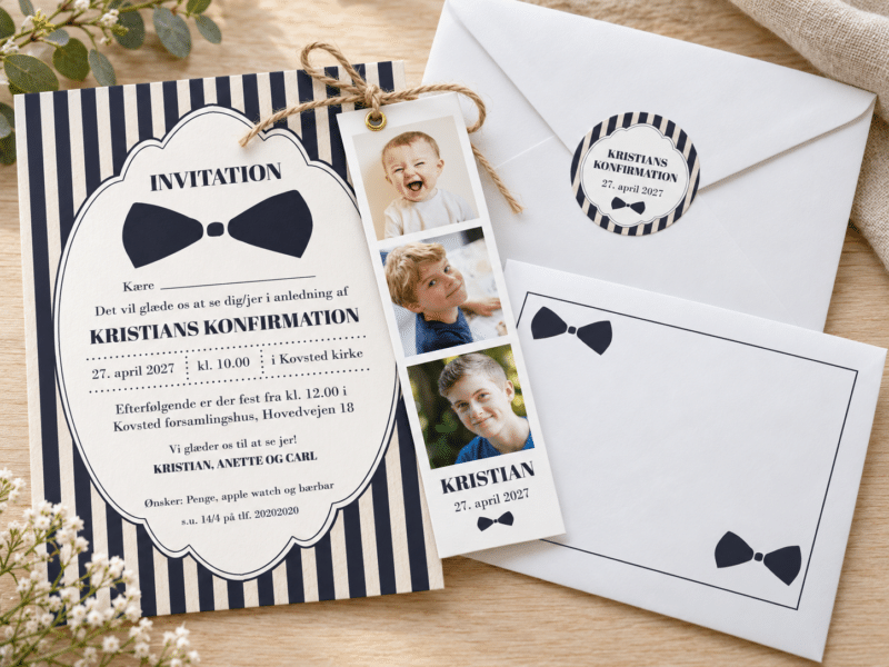 Gentleman konfirmationsinvitation med fotostribe med brun snor og kuvert - A5-A6