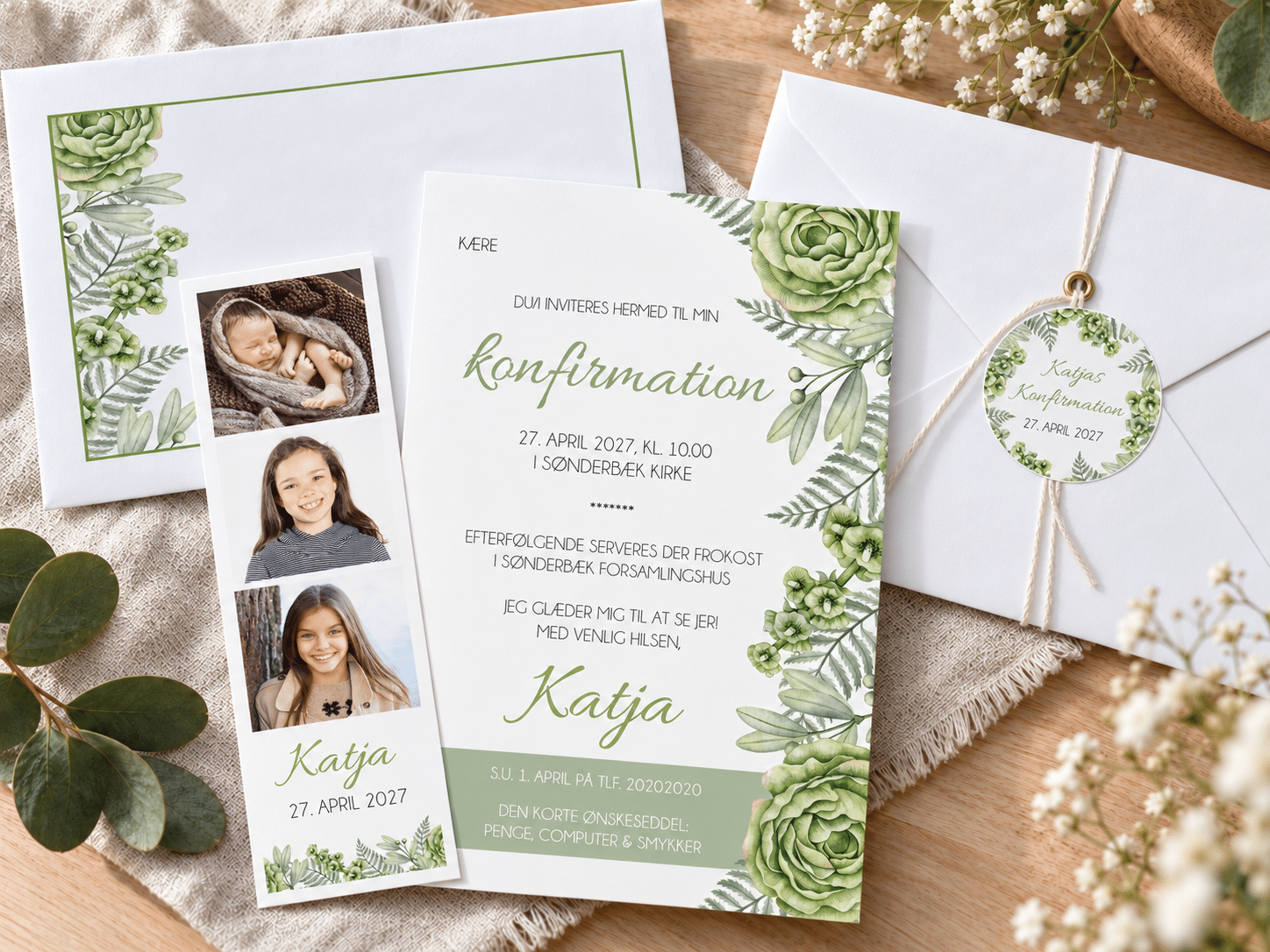 Go Green konfirmationsinvitation med fotostribe og kuvert med snor - A5-A6