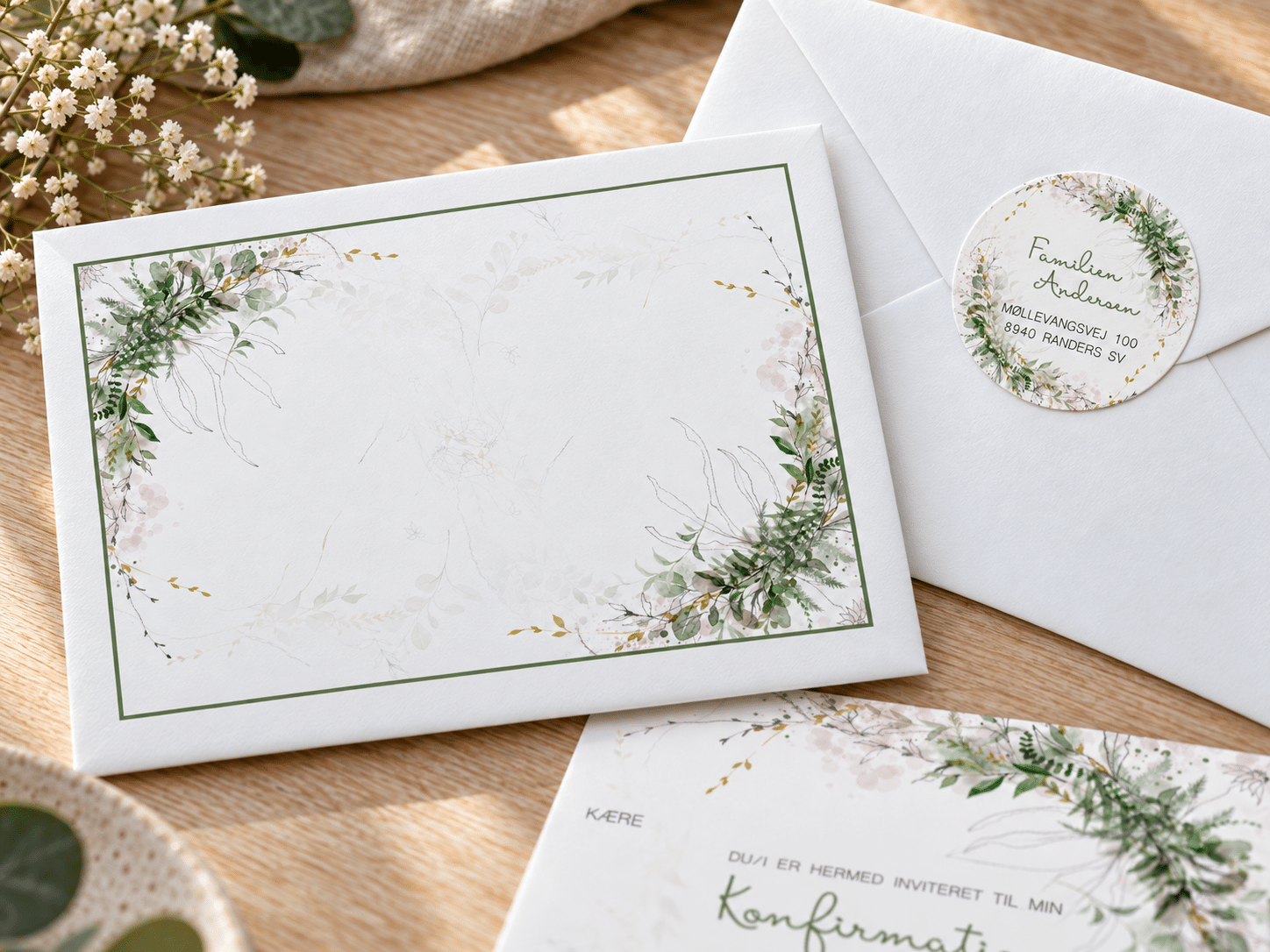 Green Beauty konfirmationsinvitation kuvert og invitation - A5-A6