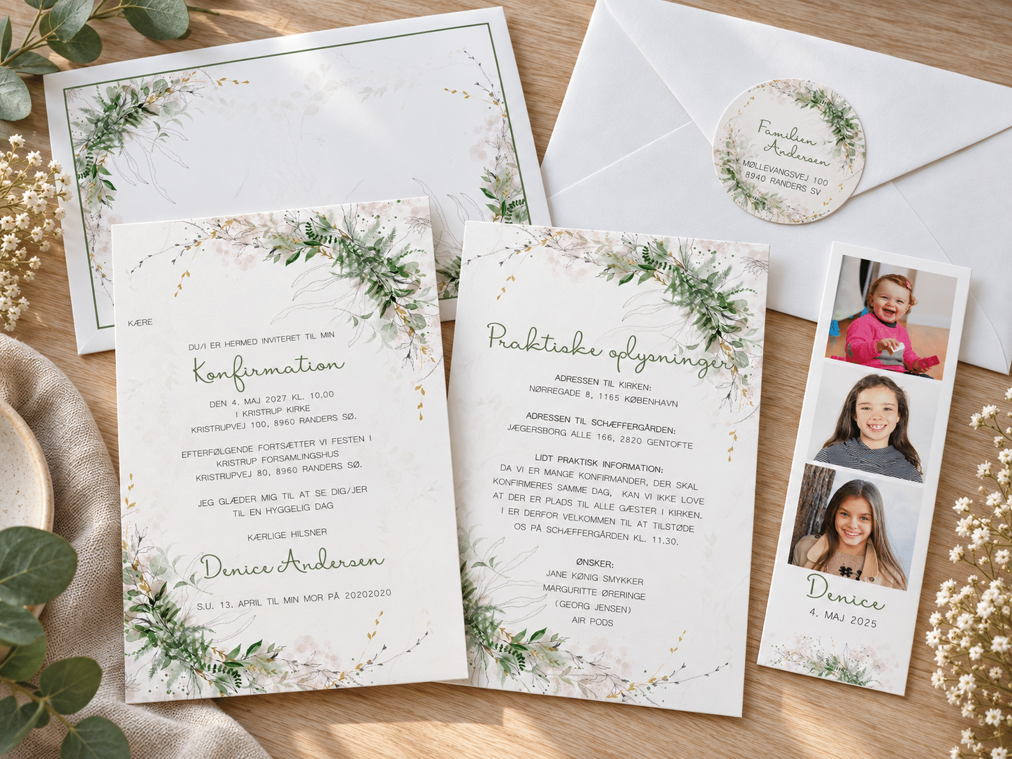 Green Beauty konfirmationsinvitation med fotostribe og invitation - A5-A6