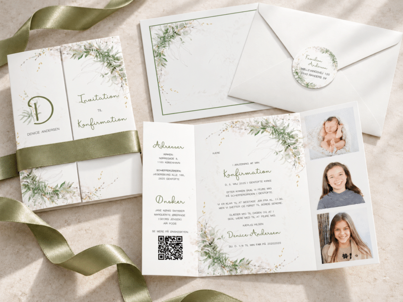 Green Beauty konfirmationsinvitation med fotostribe og kuvert - Portefals