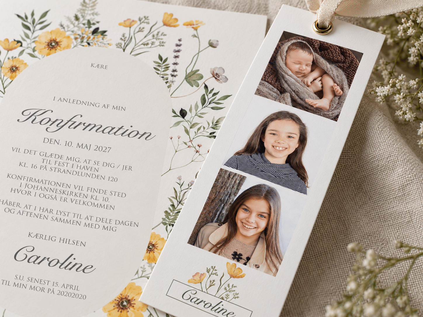 Midsummer Dreams konfirmationsinvitation fotostriber med snor - A5-A6