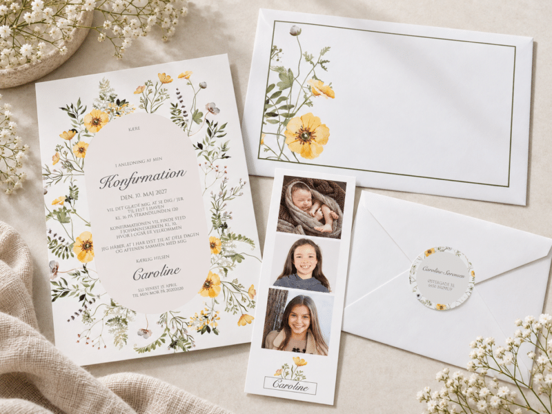 Midsummer Dreams konfirmationsinvitation med fotostribe og kuvert - A5-A6