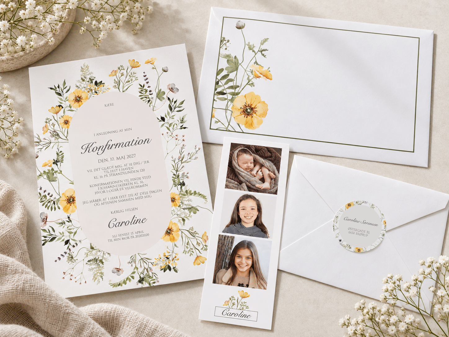Midsummer Dreams konfirmationsinvitation med fotostribe og kuvert - A5-A6