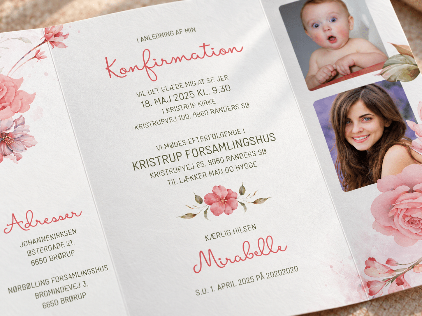 Petal Grace konfirmationinvitation med fotostribe - Portefals
