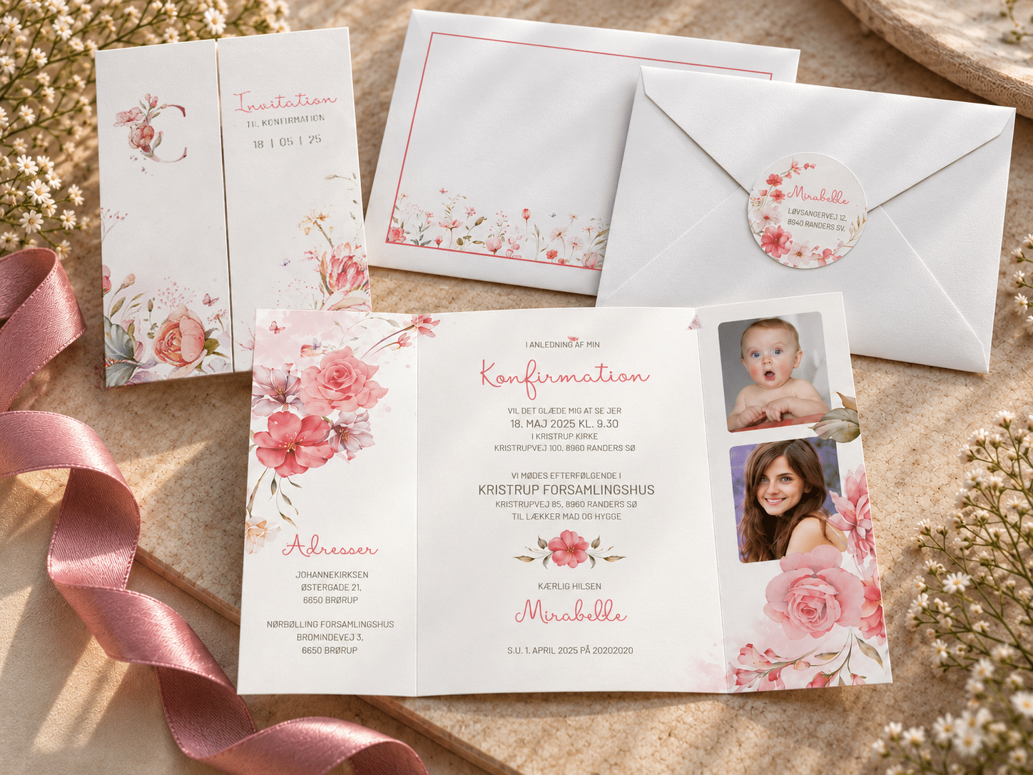 Petal Grace konfirmationinvitation med kuvert og fotostribe - Portefals