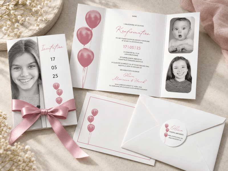 Pink Balloon konfirmationsinvitation komplet sæt med pink bånd - Portefals