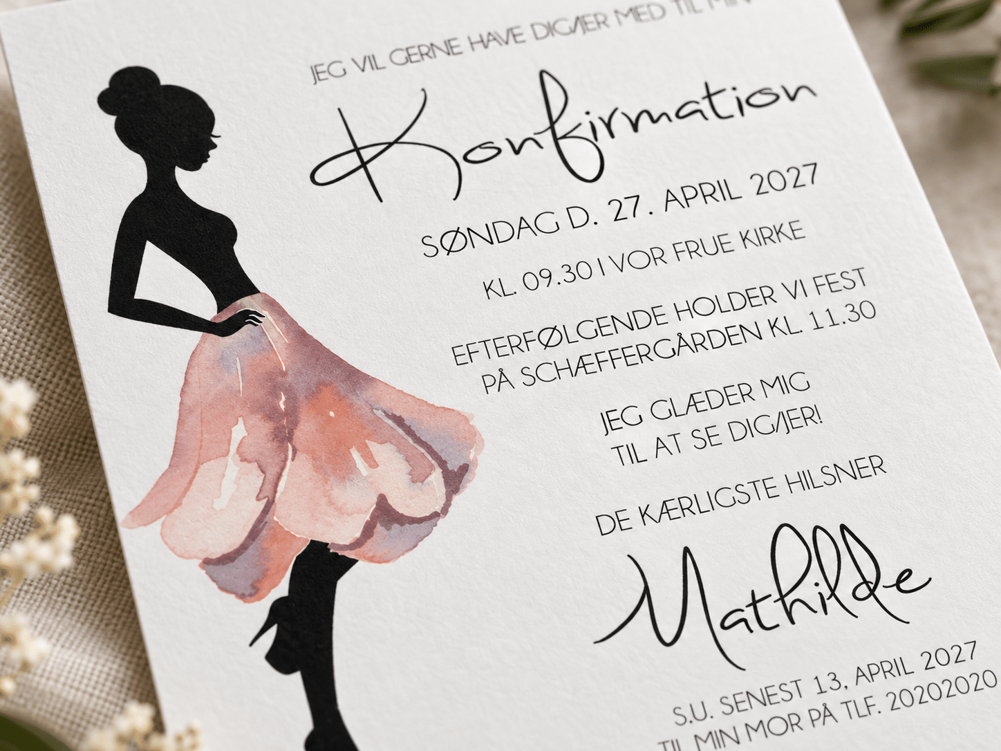 Silhuette Rose konfirmationsinvitation nærbillede - A5-A6