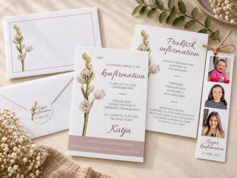 So Sweet konfirmationsinvitation komplet sæt - fotostribe med snor og kuvert - A5-A6