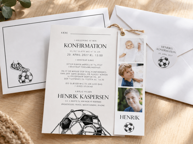 Soccer Goal konfirmationsinvitation komplet sæt - fotostribe med brun snor - A5-A6