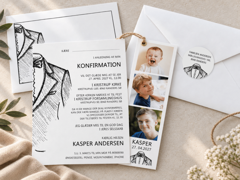 Tuxido konfirmationsinvitation - fotostribe med snor - A5-A6