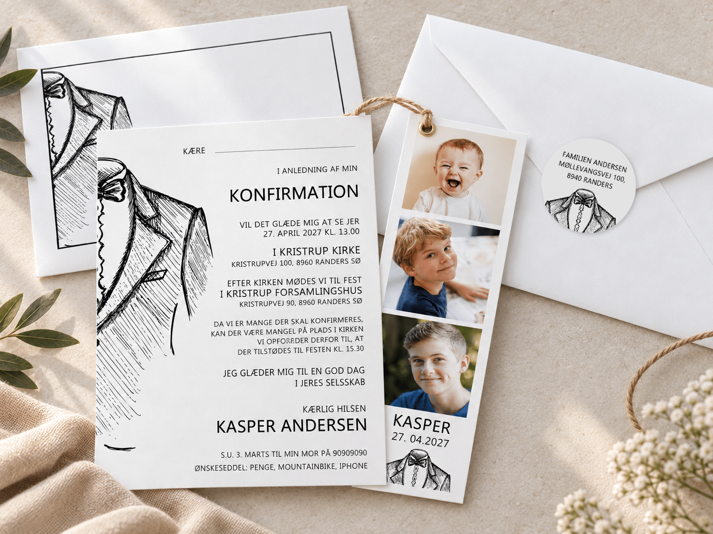 Tuxido konfirmationsinvitation - fotostribe med snor - A5-A6