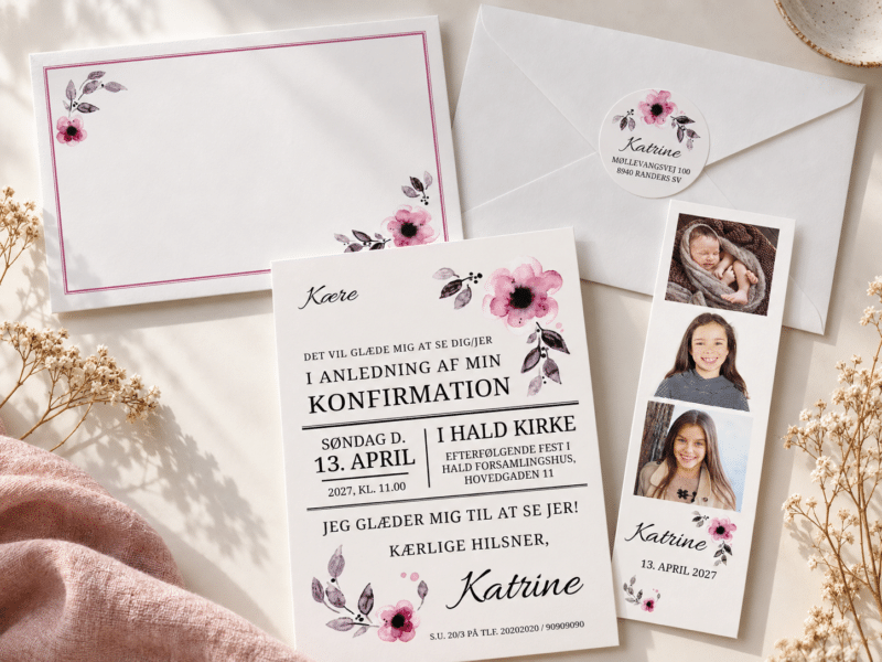 Always Pink konfirmationsinvitation med fotostribe - A5-A6