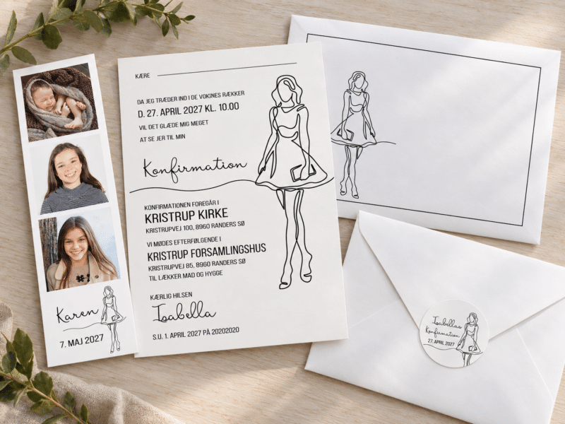 Girly Lines konfirmationsinvitation komplet sæt med fotostribe og kuvert - A6-A6