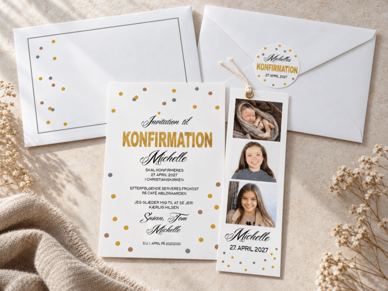 Glitterly konfirmationsinvitation komplet sæt med fotostribe og kuvert - A5-A6