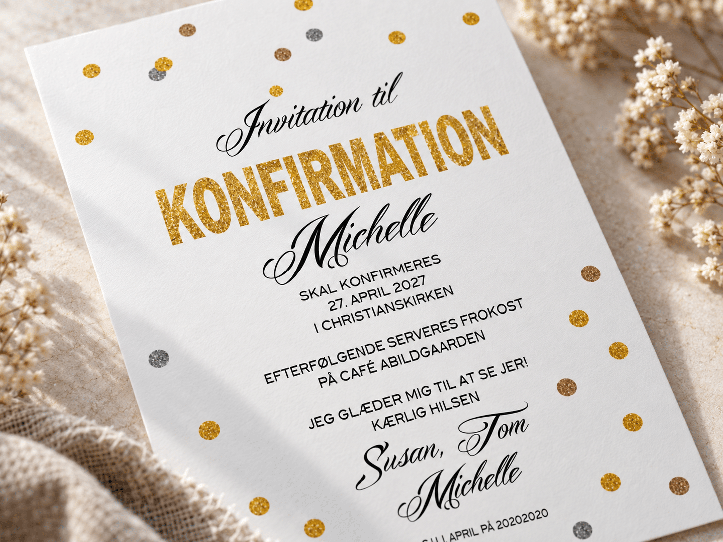Glitterly konfirmationsinvitation nærbillede - A5-A6