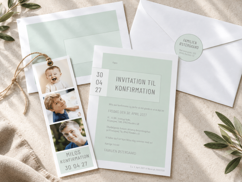 Square Dare konfirmationsinvitation - komplet sæt - fotostribe A5-A6