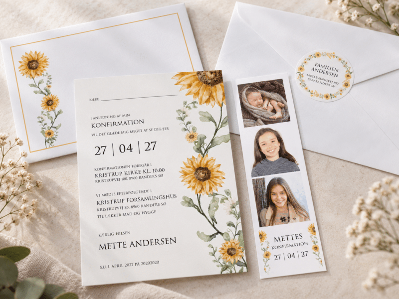 Sunflower konfirmationsinvitation - komplet sæt med fotostribe og kuvert - A5-A6