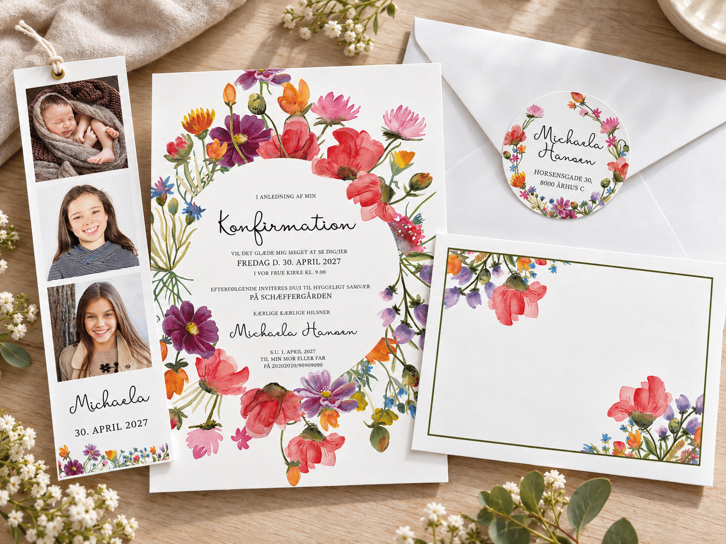 Wild Flowers konfirmationsinvitation - komplet opsætning - A5-A6