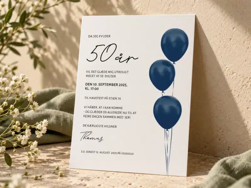 Personlig invitation til 50 års fødselsdag med tre mørkeblå balloner og sort typografi