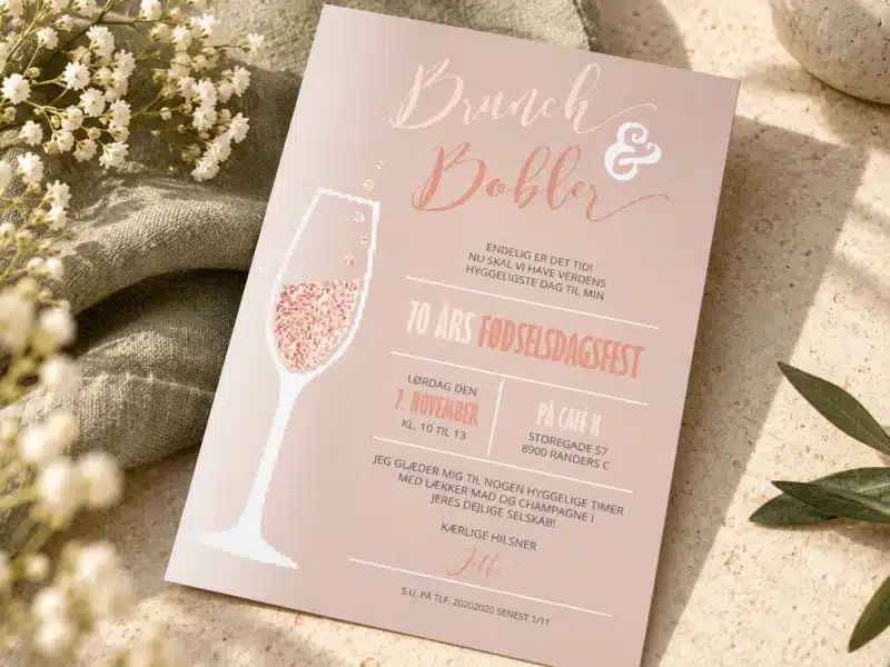 Brunch og Bobler fødselsdagsinvitation til 70 års fødselsdag med champagneglas