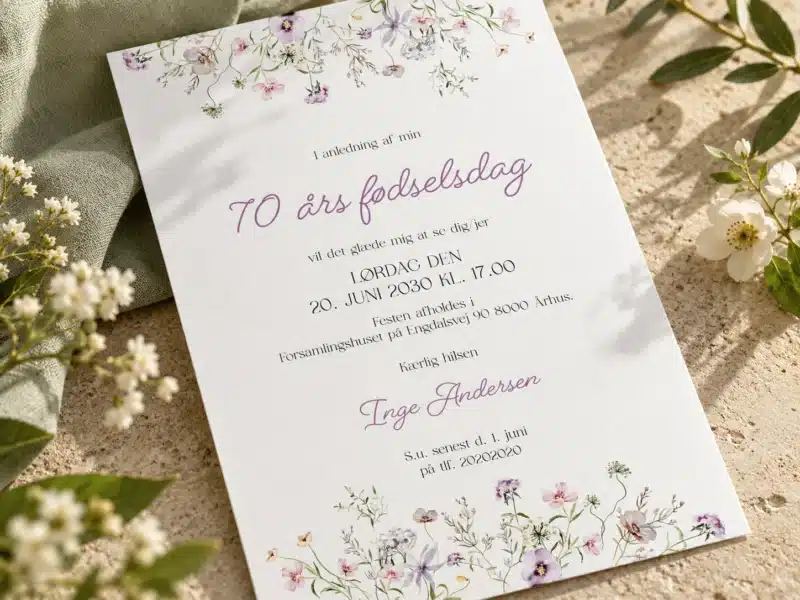 Delicate Frame invitation til 70 års fødselsdag med blomsterkant og lilla håndskrevet tekst