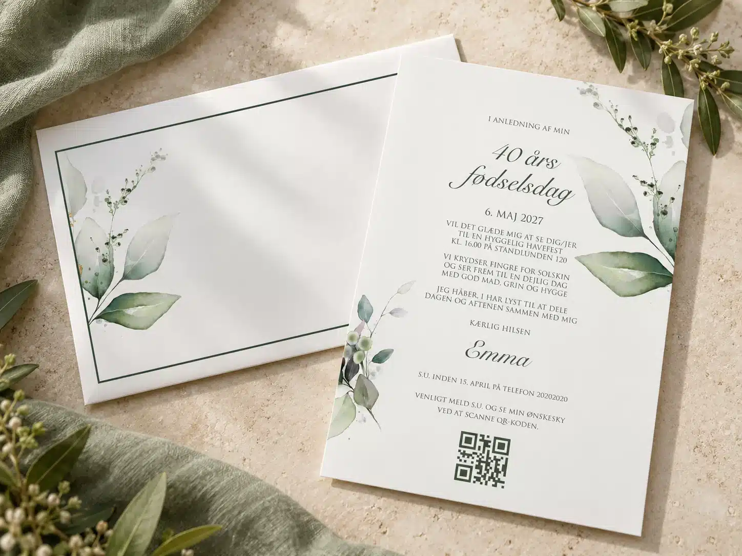 Grøn invitation til 40 års fødselsdag – Dreamy Spring med akvarelblade