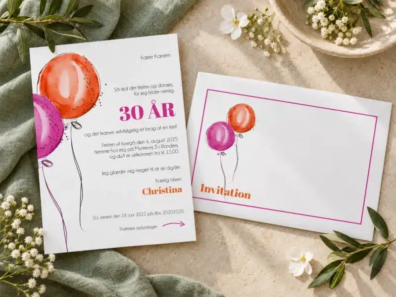 Farverig invitation til 30 års fødselsdag med pink og orange balloner og matchende kuvertdesign