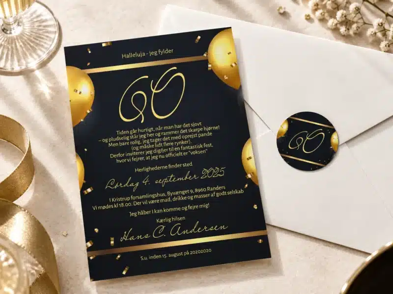 Fiftys Glam fødselsdagsinvitation til rund fødselsdag med mørk baggrund, gyldne balloner, konfetti, matchende sticker og hvid kuvert