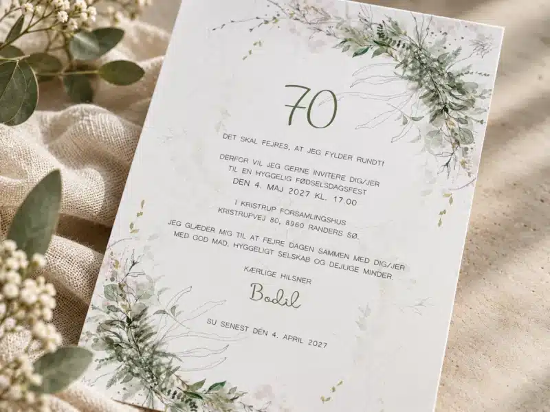 Green Beauty invitation til 70 års fødselsdag med grønne blade og botanisk akvareldesign
