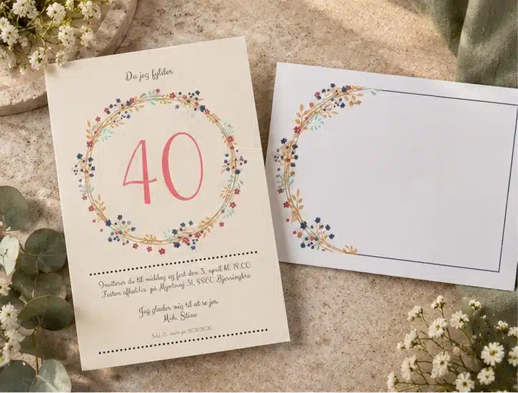 Invitation til 40 års fødselsdag med farverig blomsterkrans og matchende kuvert