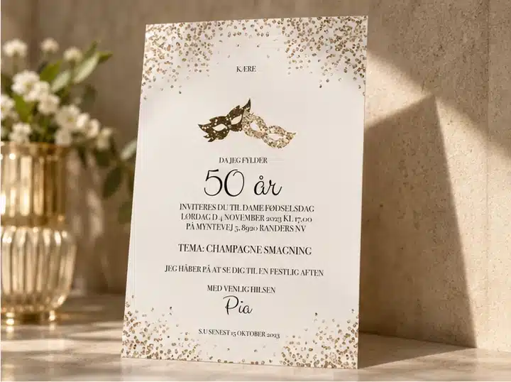 Masquerade fødselsdagsinvitation til 50 års fødselsdag med guldprikker og maskemotiv