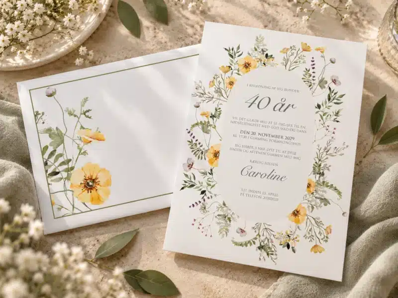 Midsummer Dreams invitation til 40 års fødselsdag med gule sommerblomster og matchende kuvert