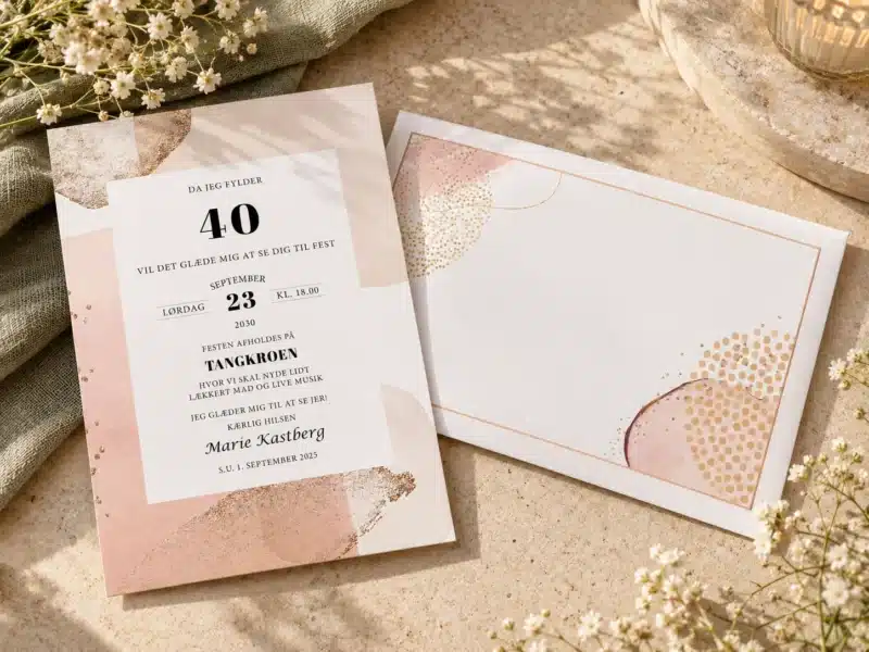 Modern Graphics invitation til 40 års fødselsdag i rosa og beige med gyldne detaljer og matchende kuvert