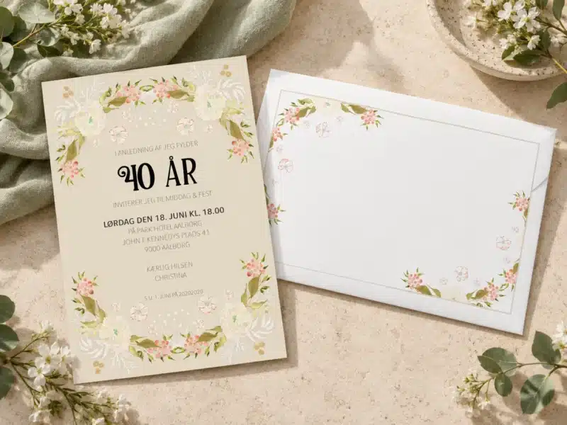 Pastel Party invitation til 40 års fødselsdag med fine blomster og matchende kuvert