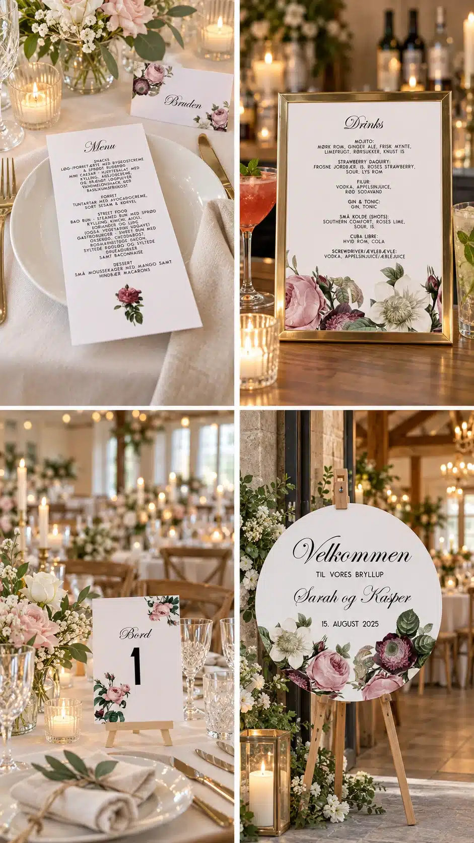Vintage Floral bryllupscollage med menukort og bordkort, blomstrende drinkskilt, bordnummer 1 og rundt velkomstskilt med rosa, bordeaux og creme blomster