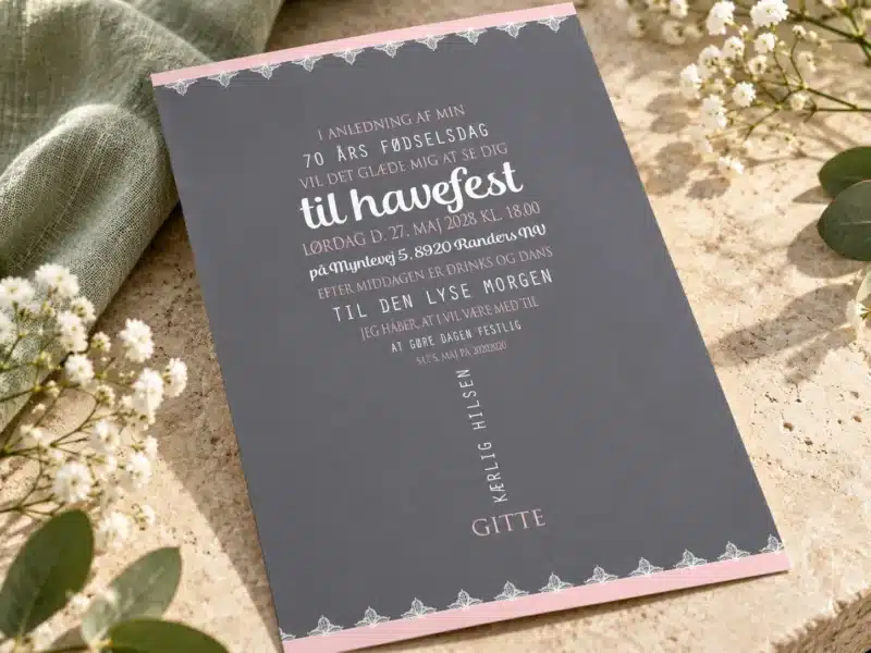 Wineglass Woman invitation til 70 års fødselsdag med grå baggrund og fine rosa detaljer
